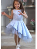 Light Blue Jacquard Asymmetrical Flower Girl Dress